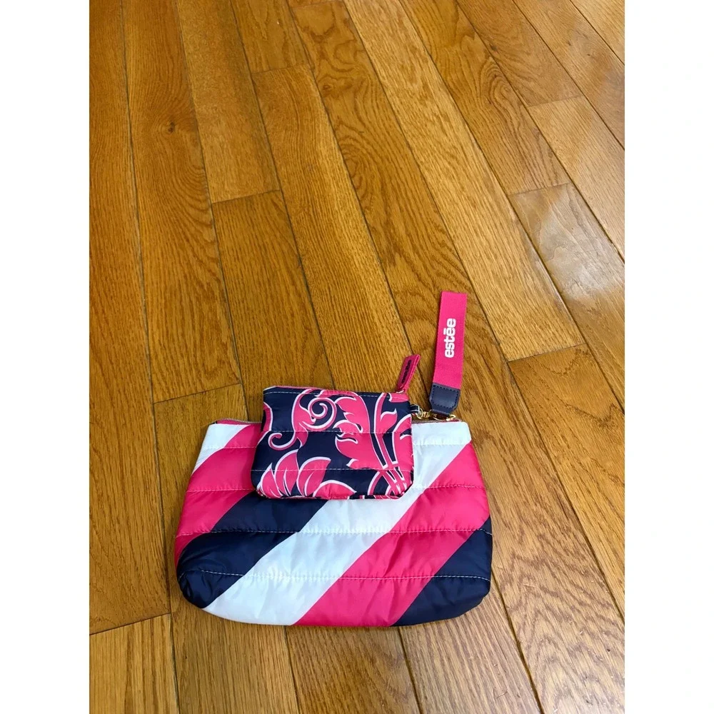 NWOT Estee Lauder Recycled Makeup Bag Set Pink Navy White Striped Floral 2 Piece
